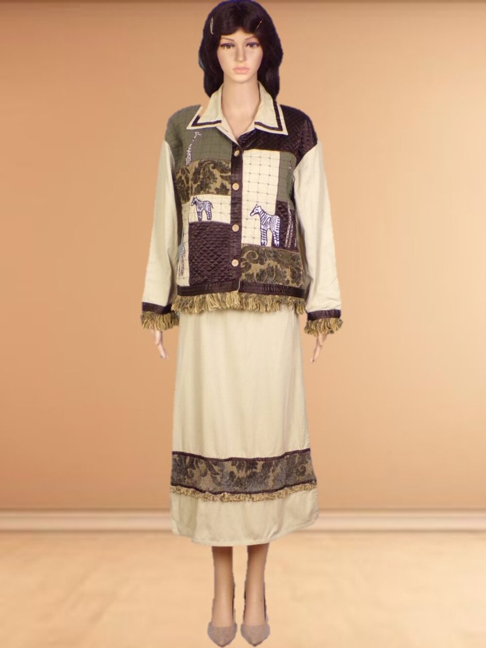 NEW DIRECTION size S/2 2-piece suit dress/jacket animals khaki/brown/black/green